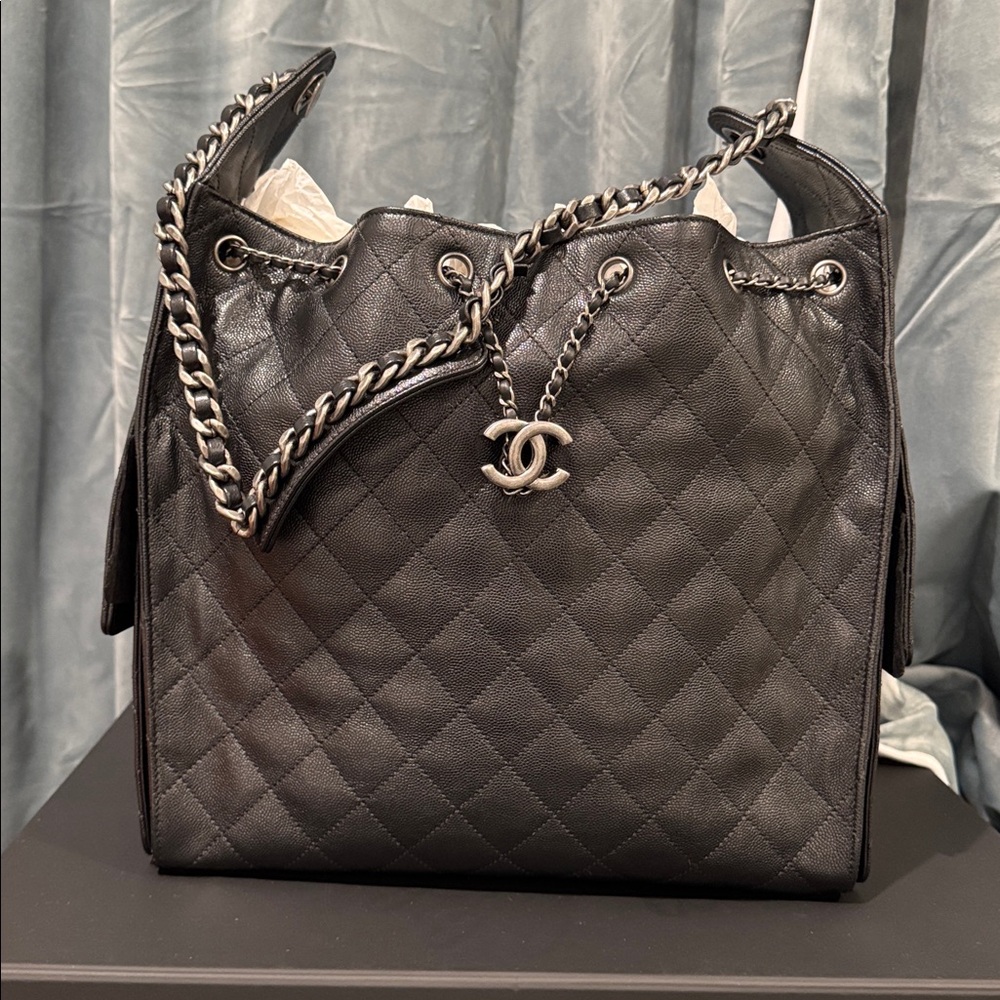 *SOLD*  Chanel 25 Medium Black Caviar Ruthenium Hardwarw NWT 26C